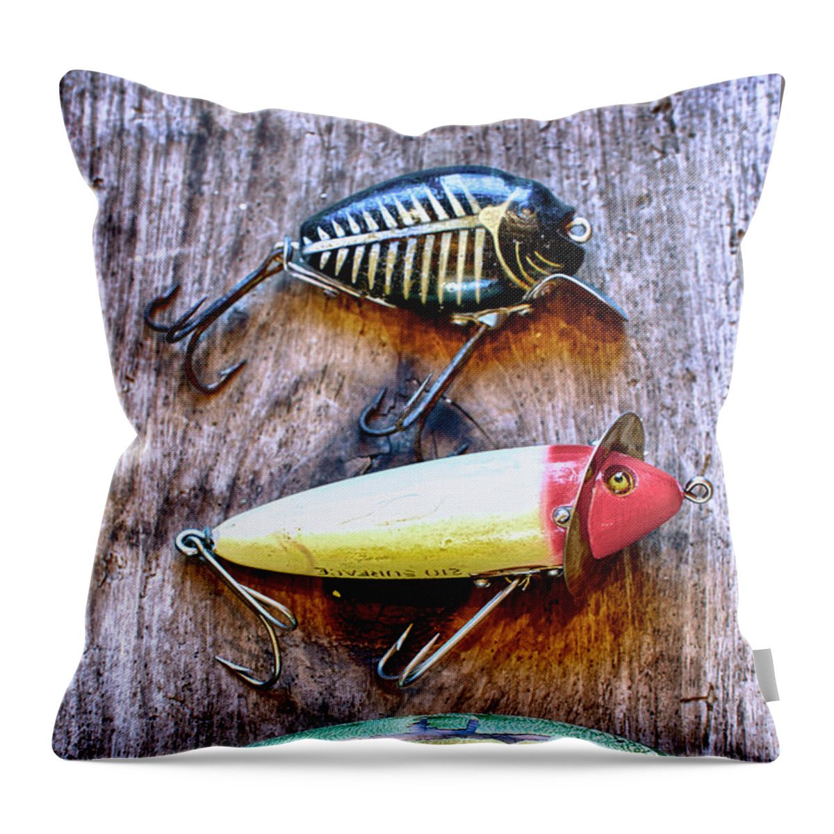 Three Vintage Fishing Lures Throw Pillow by Craig Voth - Fine Art