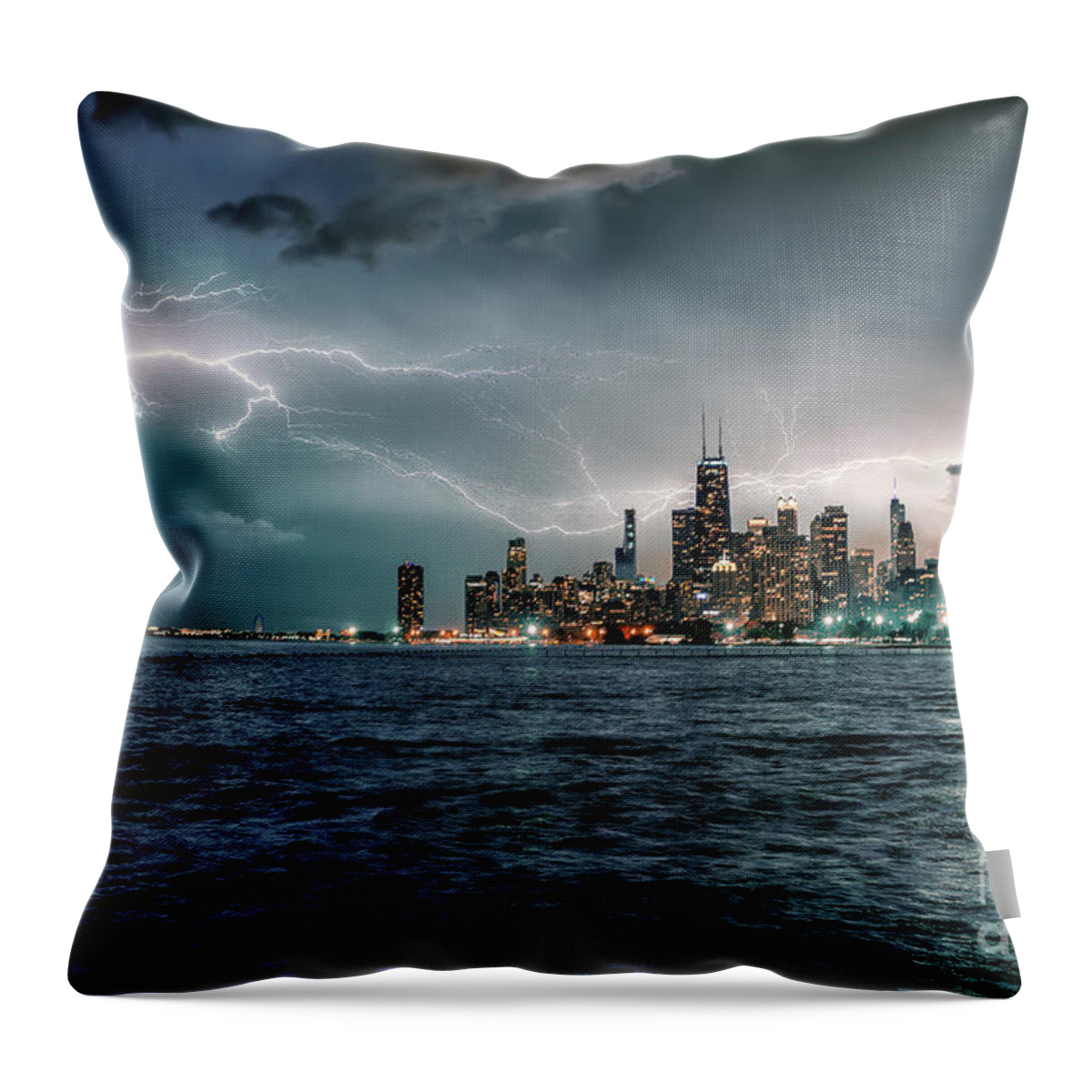 Chicago Throw Pillow featuring the photograph Thunder and Lightning in the Dark City II by Bruno Passigatti