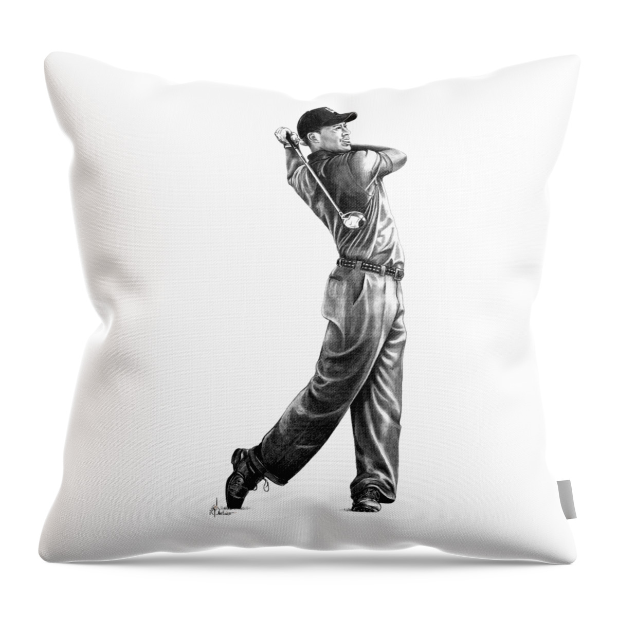 Tiger Woods Throw Pillow featuring the drawing Tiger Woods Full Swing by Murphy Elliott
