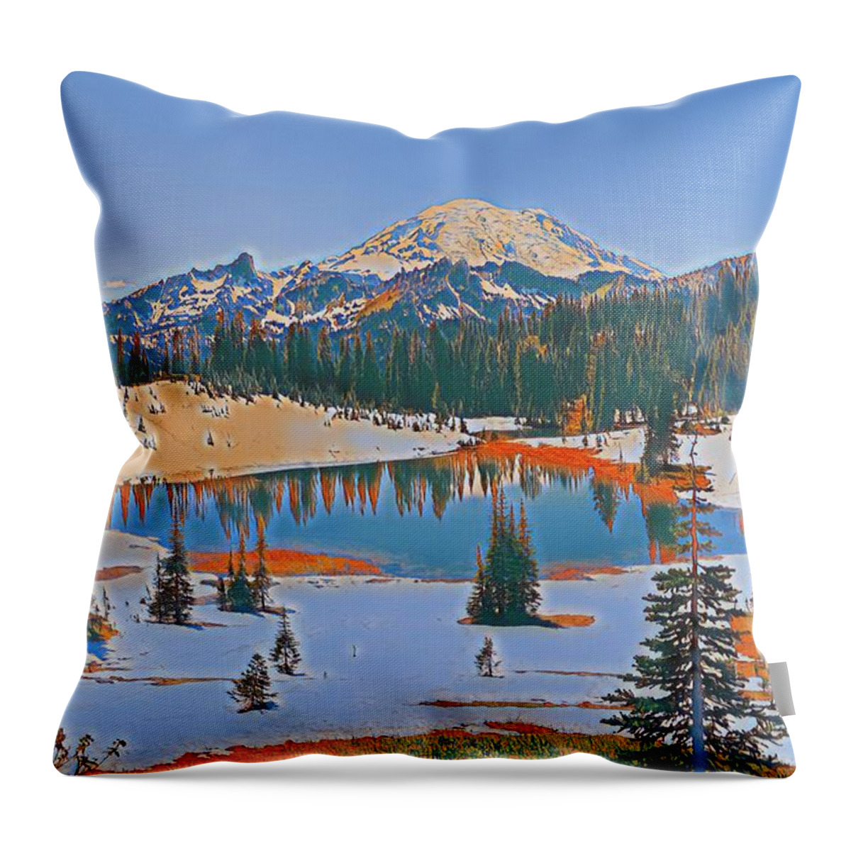 Mt. Rainier Throw Pillow featuring the digital art Tipsoo Lake by Jerry Cahill