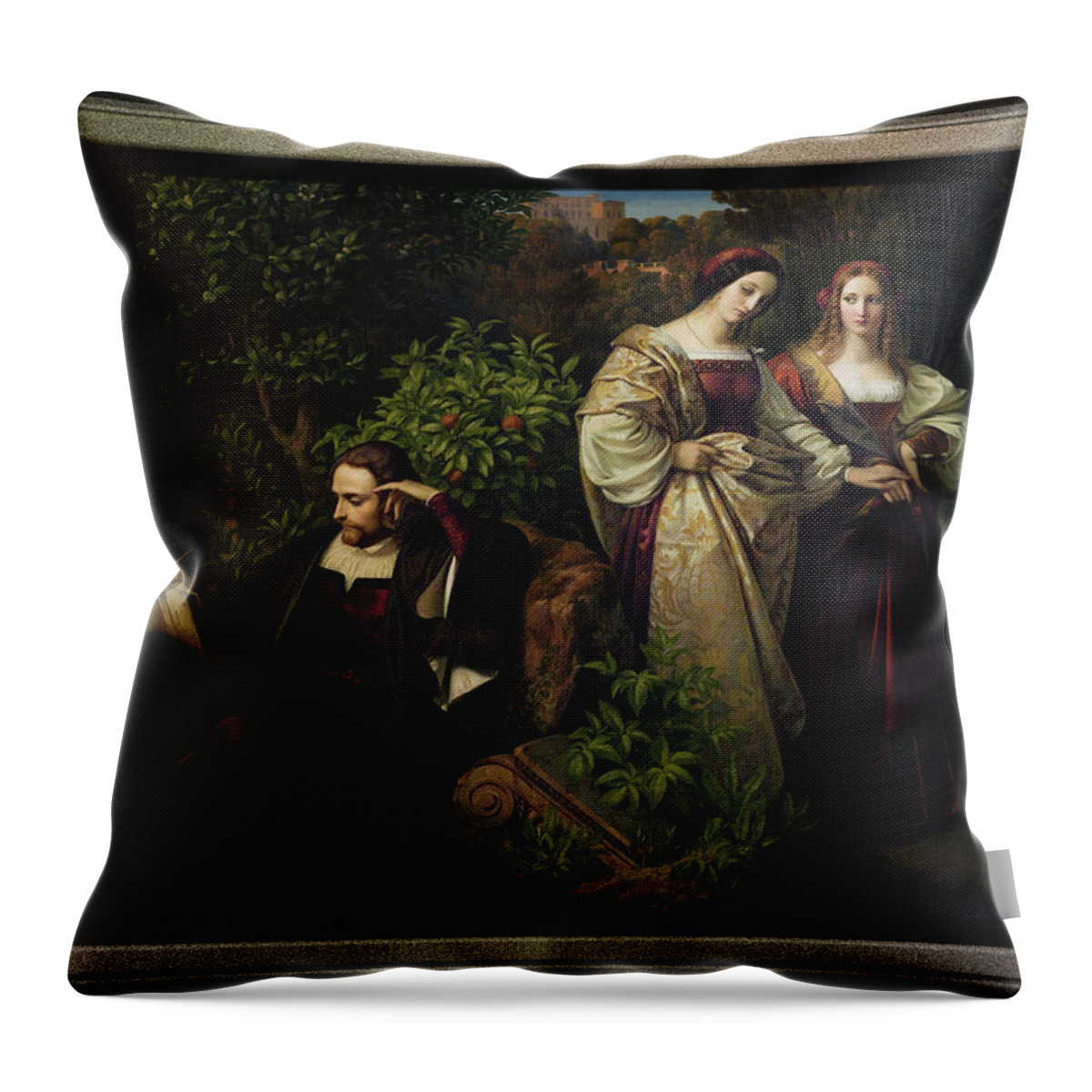 Torquato Tasso Throw Pillow featuring the painting Torquato Tasso and the Two Leonores by Karl Ferdinand Sohn by Rolando Burbon