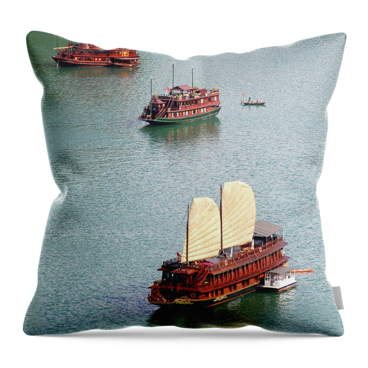 Seascape Throw Pillow featuring the photograph Tourist wooden Boats at Halong Bay Vietnam by Michalakis Ppalis