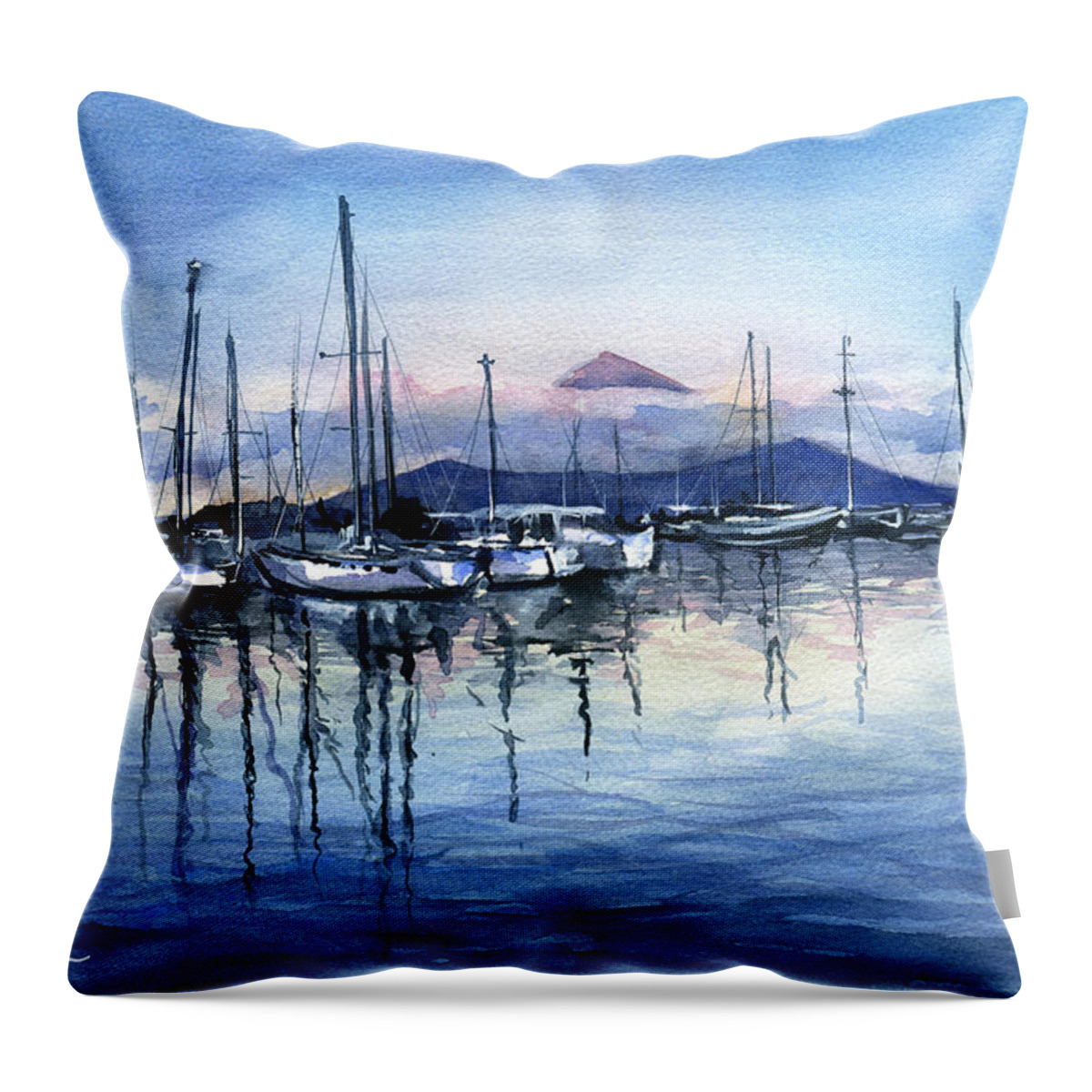 Marina Throw Pillow featuring the painting Twilight at Horta Azores by Dora Hathazi Mendes