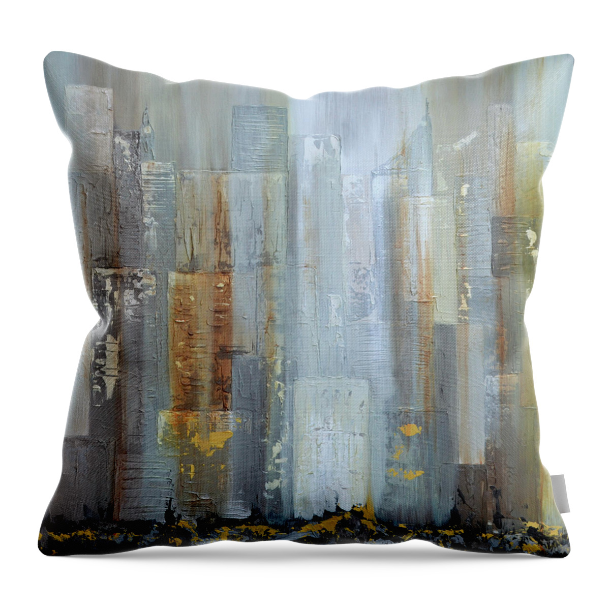 Urban Cityscape City New York Detroit Chicago Atlanta Gray Neutral Vertical Smoky Silver Gold Silver And Gold Reflection Waterscape Reflected Water Sky Nyc Throw Pillow featuring the painting Urban Reflections I night version by Shadia Derbyshire
