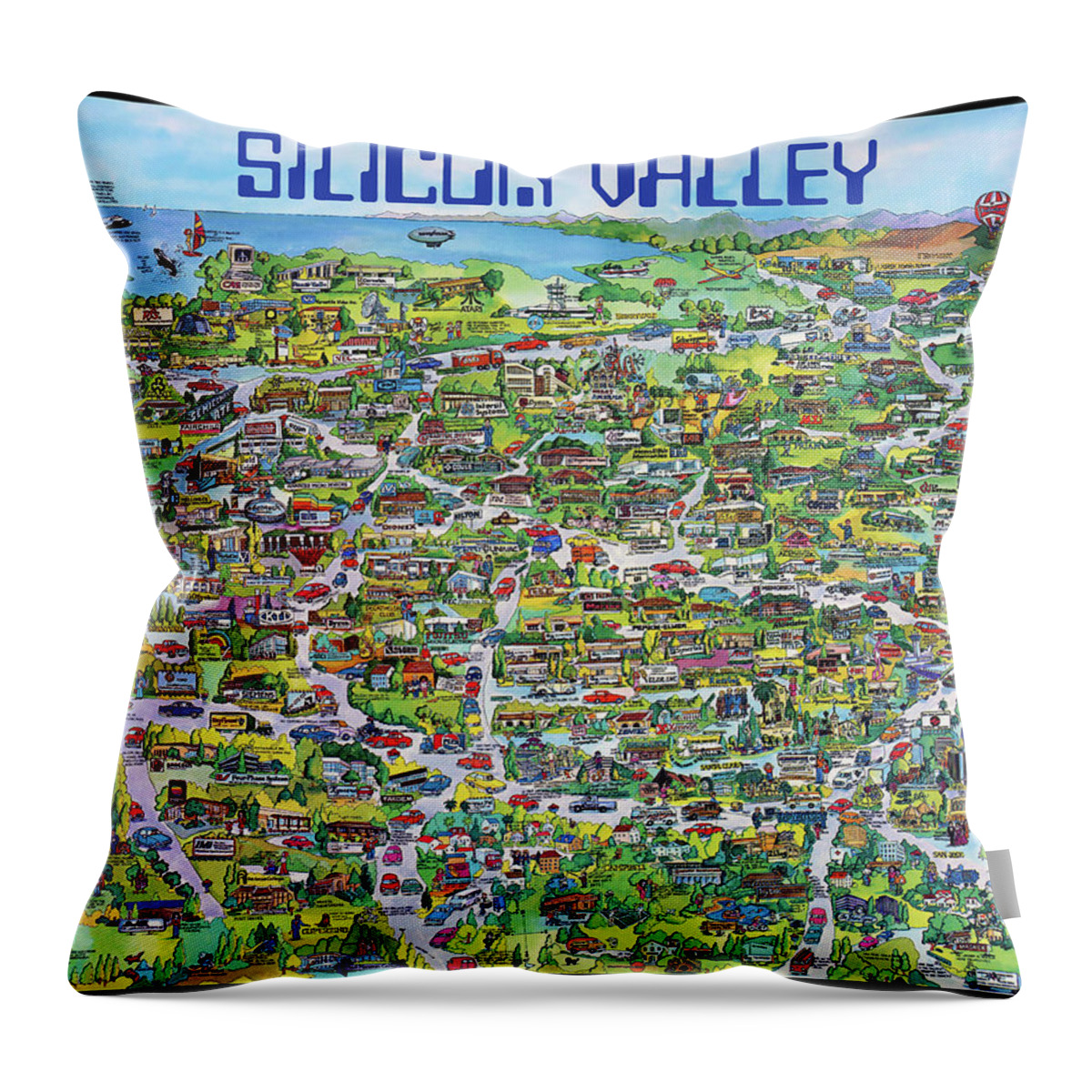 Silicon Valley Throw Pillow featuring the mixed media Vintage 1982 Silicon Valley USA Poster Print, Shows Many Historic Companies and Places by Kathy Anselmo