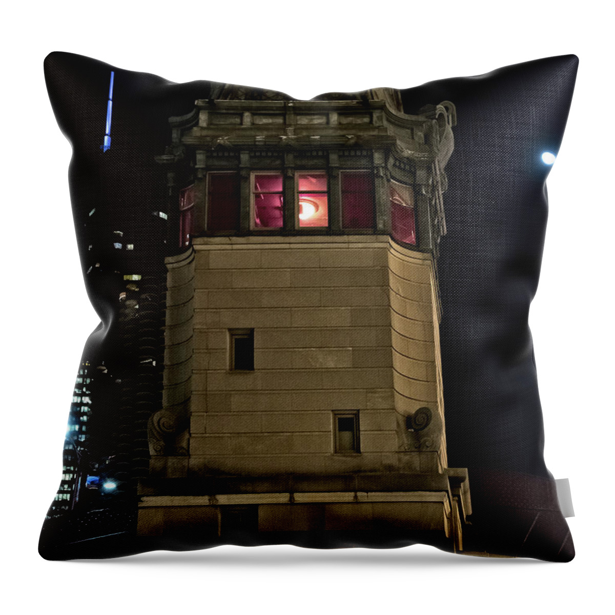 Black Throw Pillow featuring the photograph Vintage Chicago Bridge Tower at Night by Bruno Passigatti