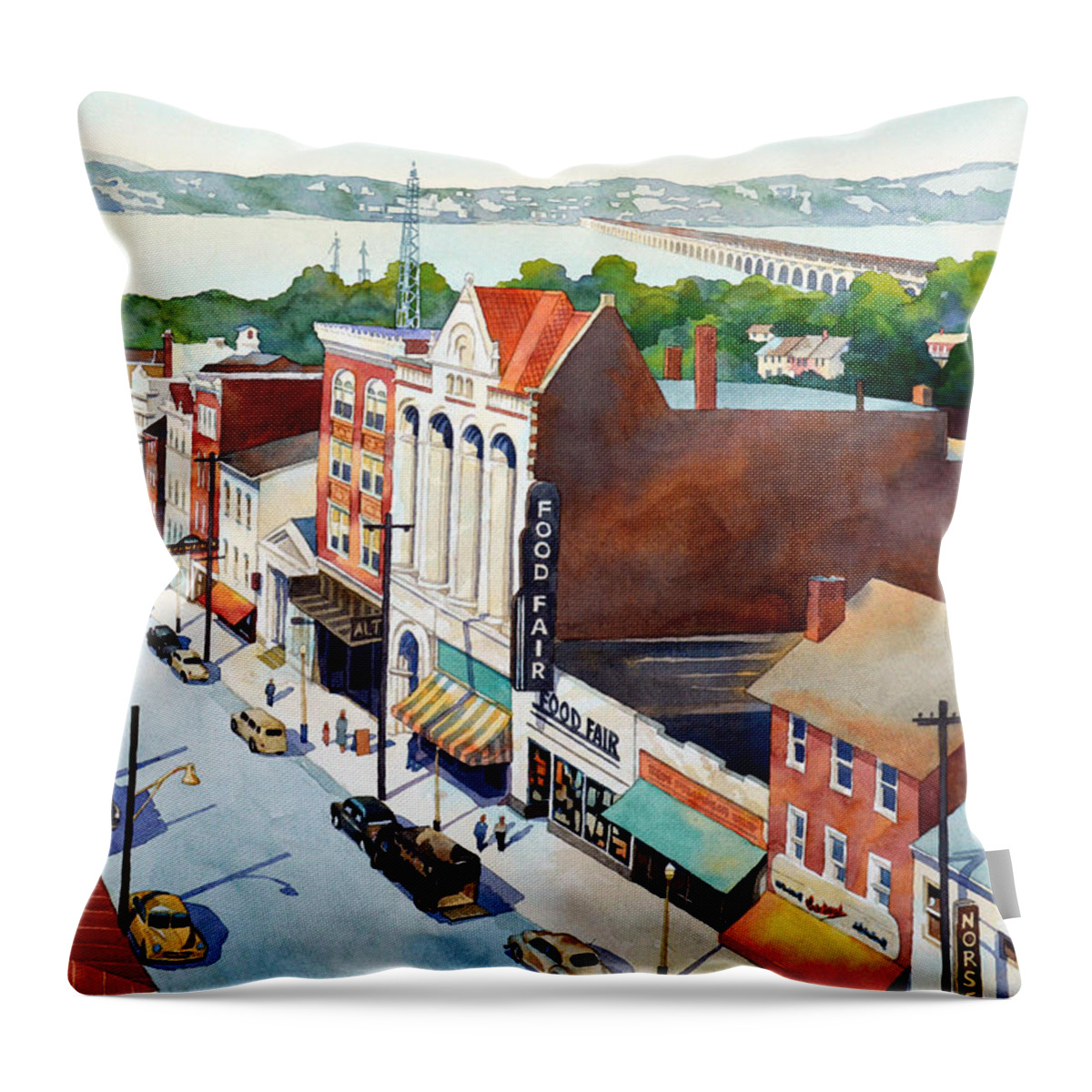 Landscape Throw Pillow featuring the painting Vintage Color, Columbia Rooftops by Mick Williams