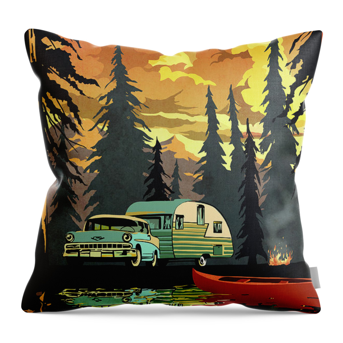 Retro Travel Art Throw Pillow featuring the digital art Vintage Shasta Camper by Sassan Filsoof