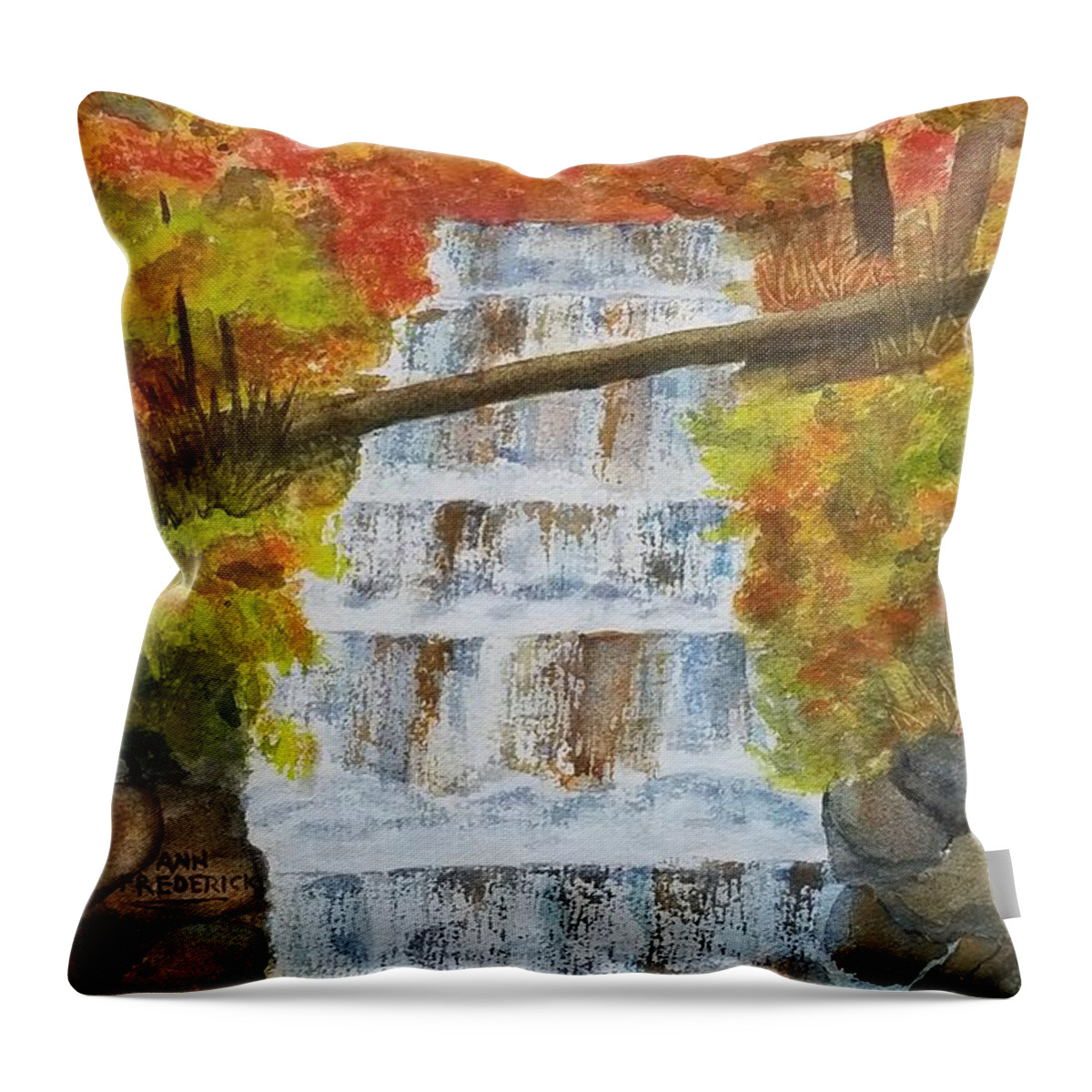 Waterfalls Throw Pillow featuring the painting Wagner Falls by Ann Frederick