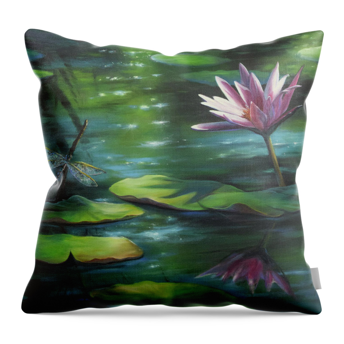 Water Lilies Throw Pillow featuring the painting Dragonfly and Waterlily by Lynne Pittard