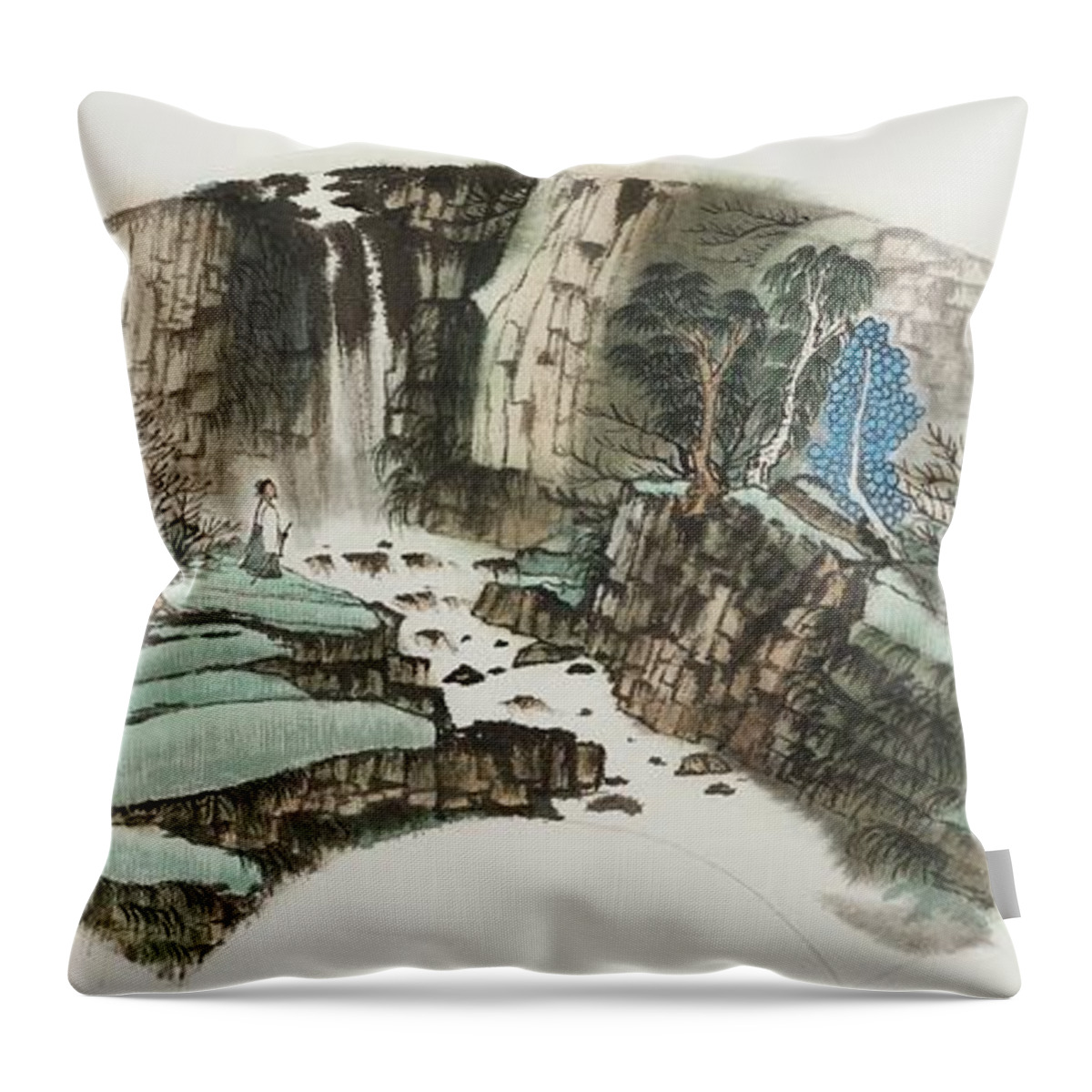 Chinese Watercolor Throw Pillow featuring the painting Waterfall Hike by Jenny Sanders