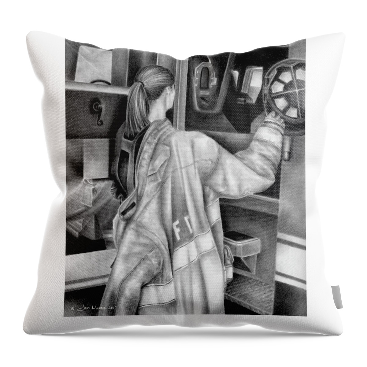 Firefighter Throw Pillow featuring the drawing When the Tones Drop by Jodi Monroe