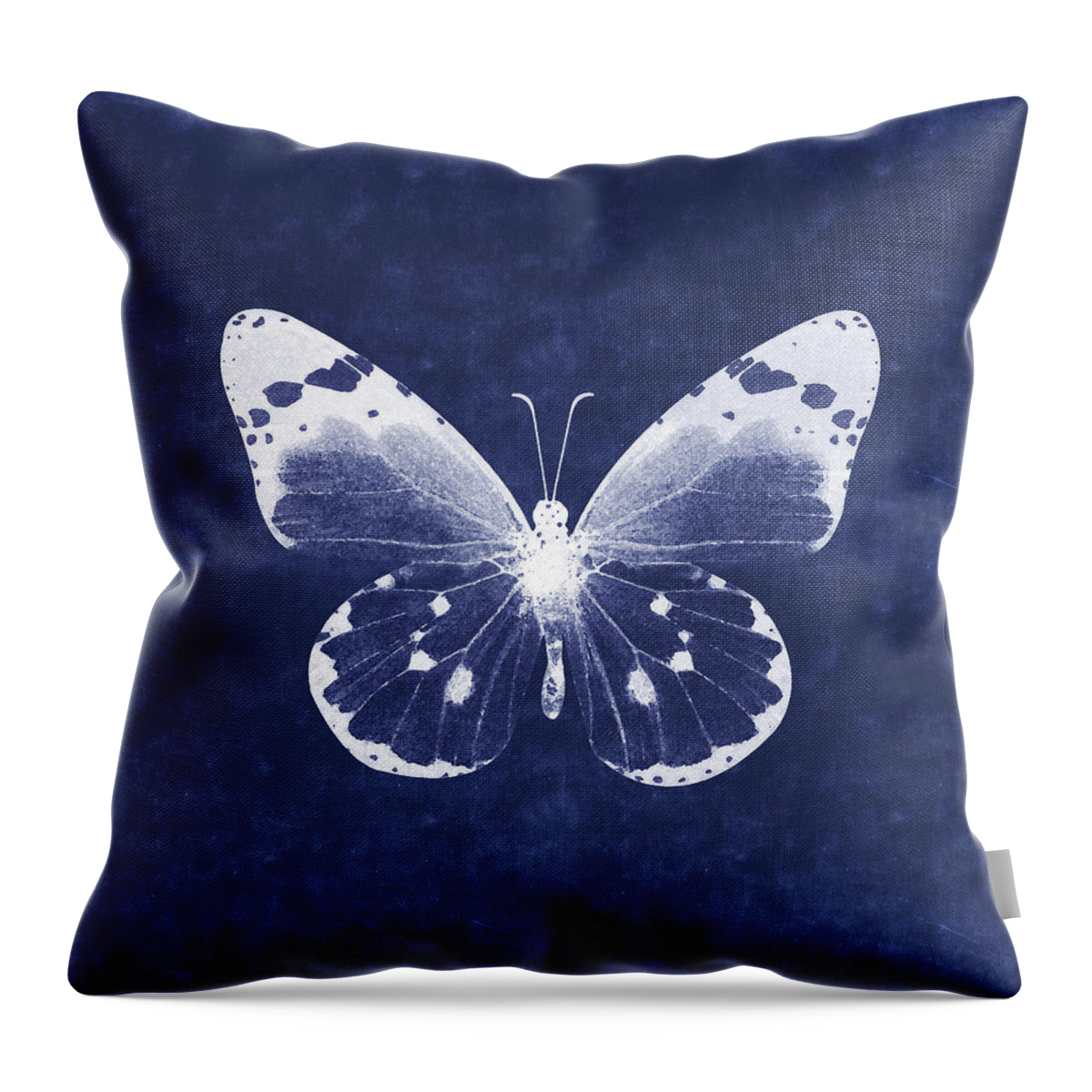 Butterfly White Blue Indigo Skeleton Butterfly Wings Modern Bohemianinsect Bug Garden Home Decorairbnb Decorliving Room Artbedroom Artcorporate Artset Designgallery Wallart By Linda Woodsart For Interior Designersgreeting Cardpillowtotehospitality Arthotel Artart Licensing Throw Pillow featuring the mixed media White and Indigo Butterfly 1- Art by Linda Woods by Linda Woods