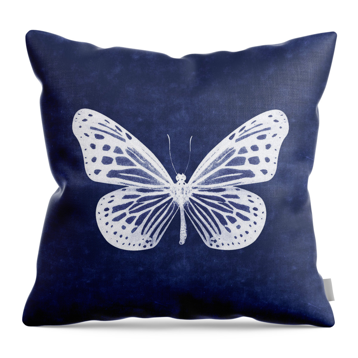 Butterfly Throw Pillow featuring the mixed media White and Indigo Butterfly- Art by Linda Woods by Linda Woods