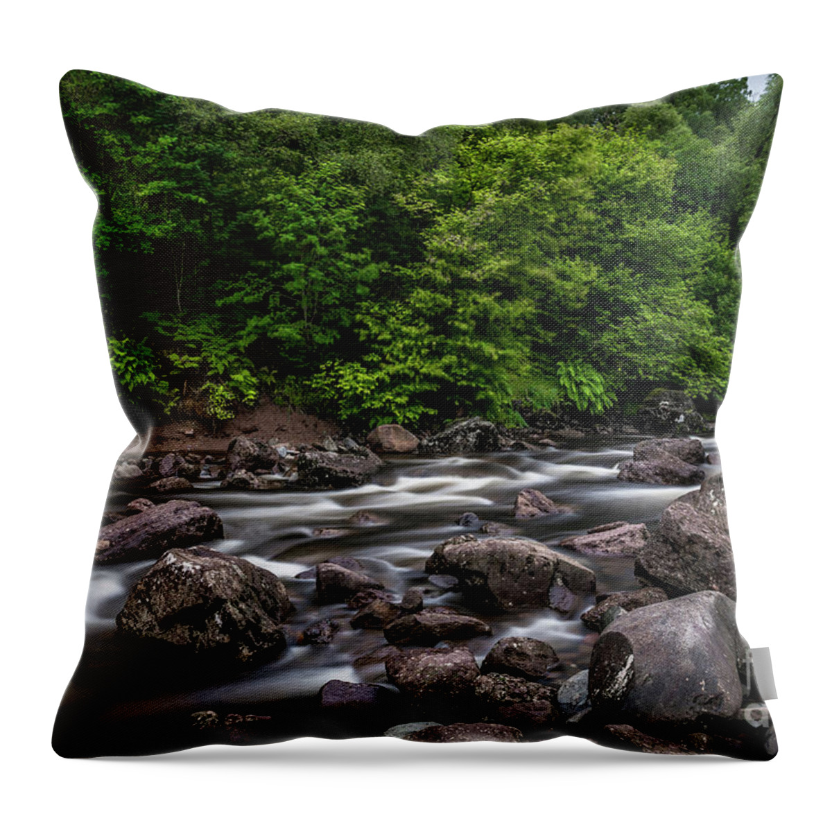 Background Throw Pillow featuring the photograph Wild Mountain River Streaming Through Green Forest in Scotland by Andreas Berthold