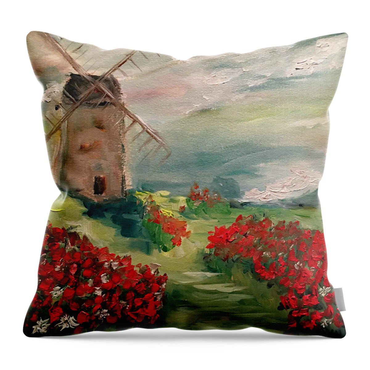 Windmill Throw Pillow featuring the painting Windmill in a Poppy Field by Roxy Rich