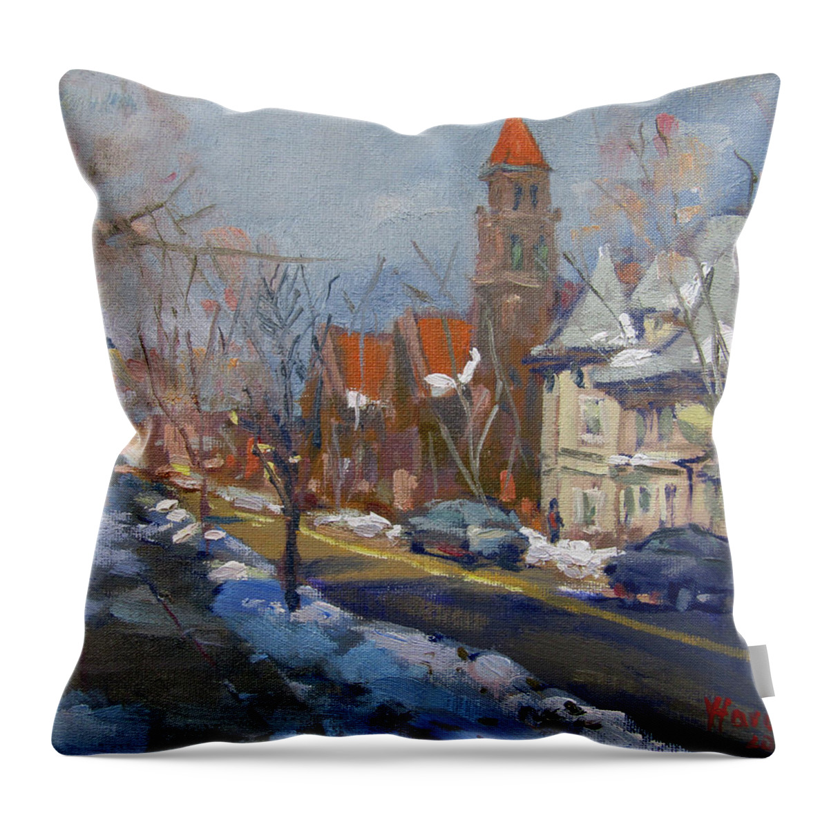 Winter Throw Pillow featuring the painting Winter in Elmwood Ave Buffalo NY by Ylli Haruni