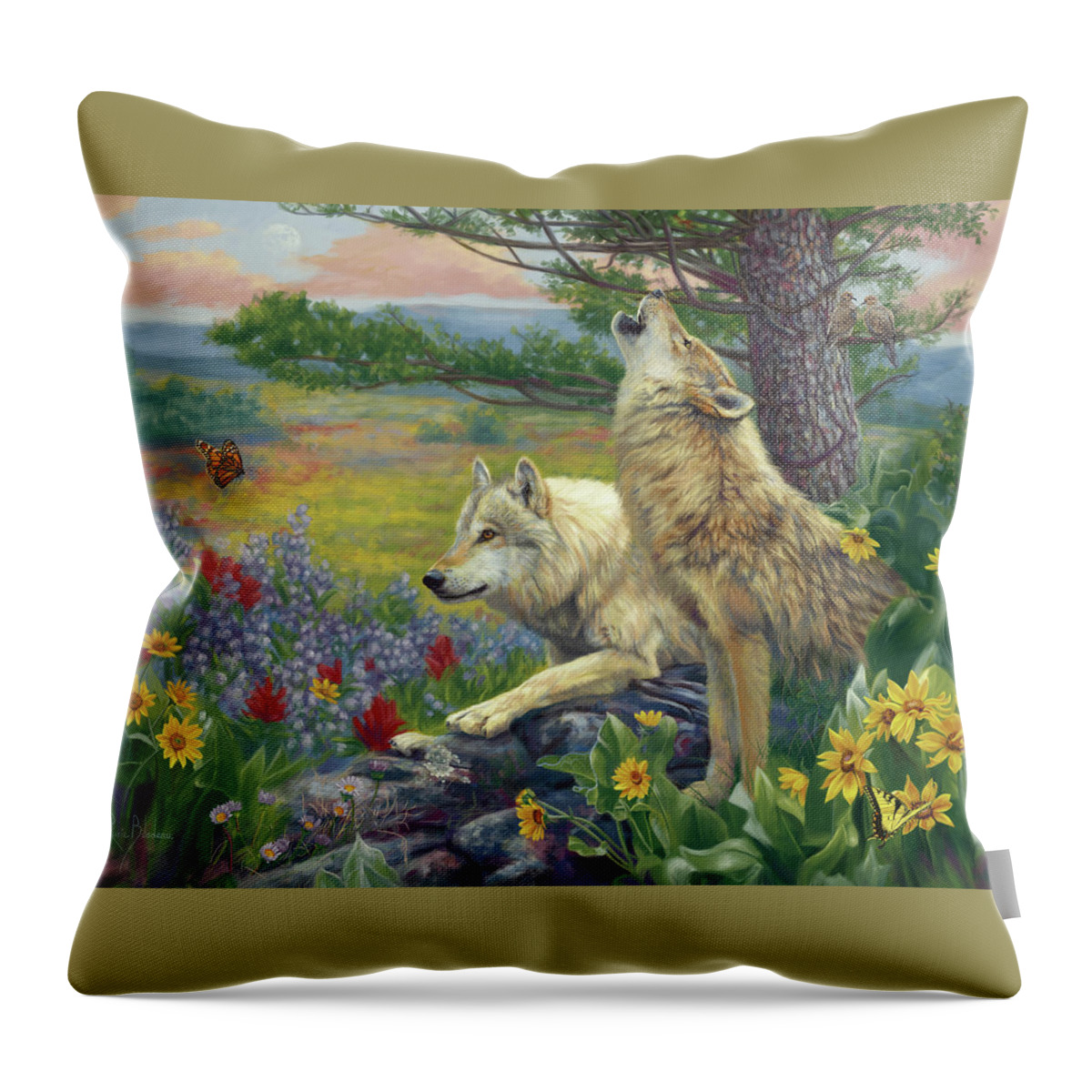 Wolf Throw Pillow featuring the painting Wolves in the Spring by Lucie Bilodeau