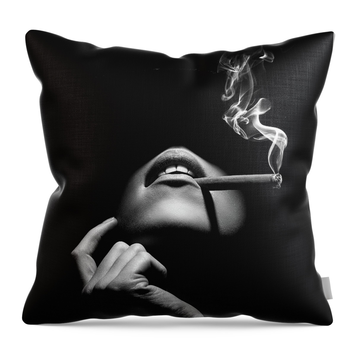 Woman Throw Pillow featuring the photograph Woman smoking a cigar by Johan Swanepoel