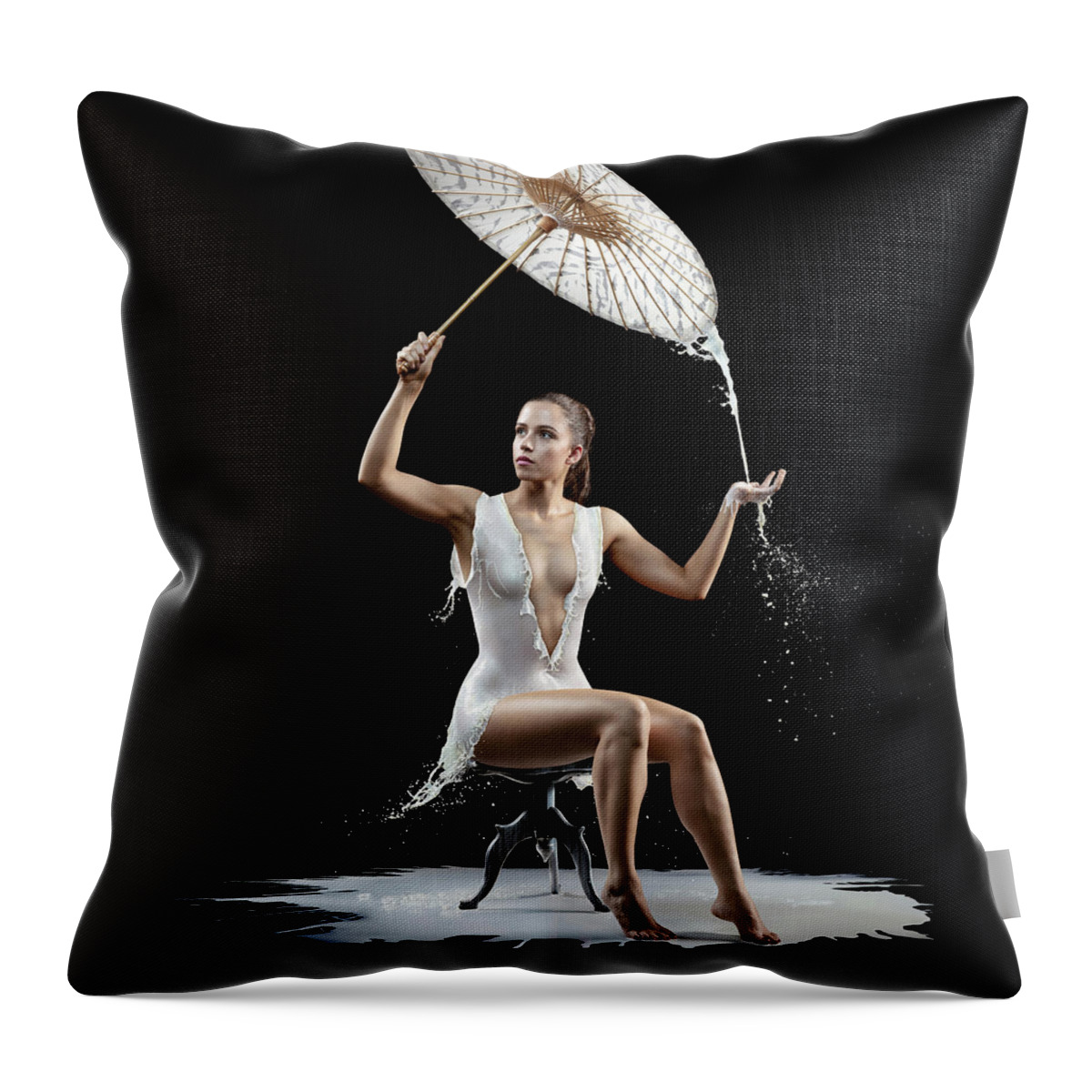 Woman Throw Pillow featuring the photograph Woman with milk dress by Johan Swanepoel
