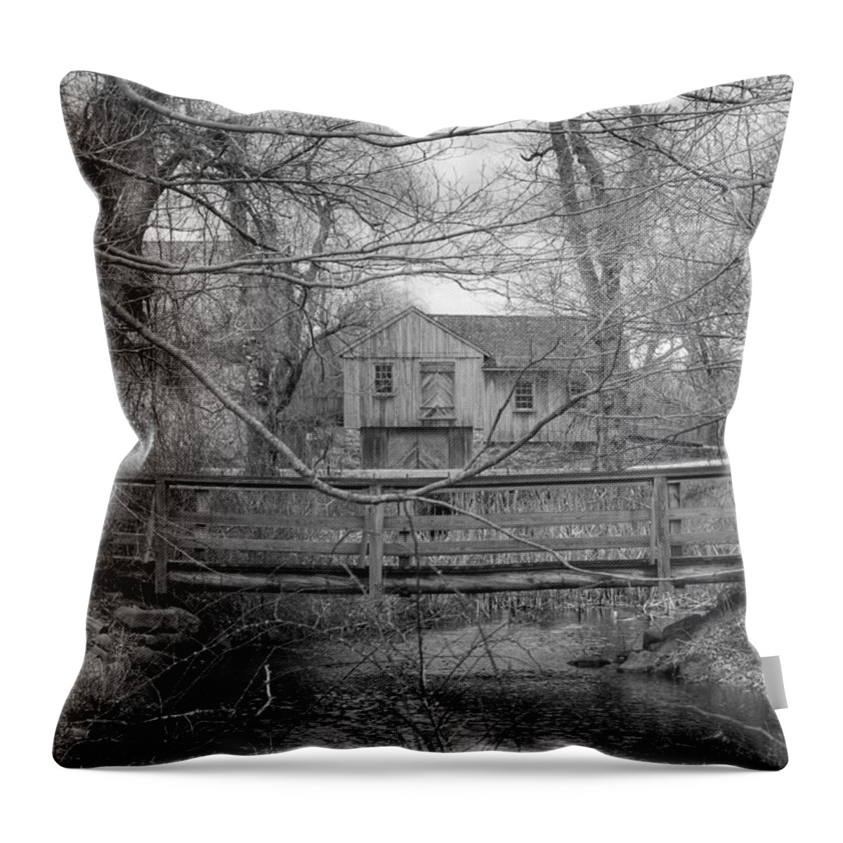 Waterloo Village Throw Pillow featuring the photograph Wooden Bridge Over Stream - Waterloo Village by Christopher Lotito