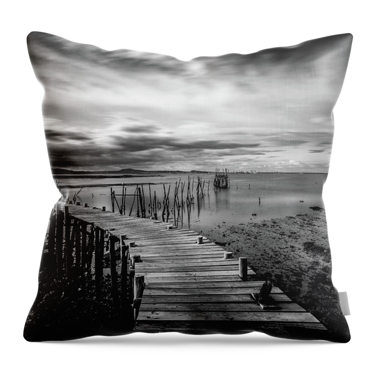Seascapes Throw Pillow featuring the photograph Wooden fishing Piers by Michalakis Ppalis