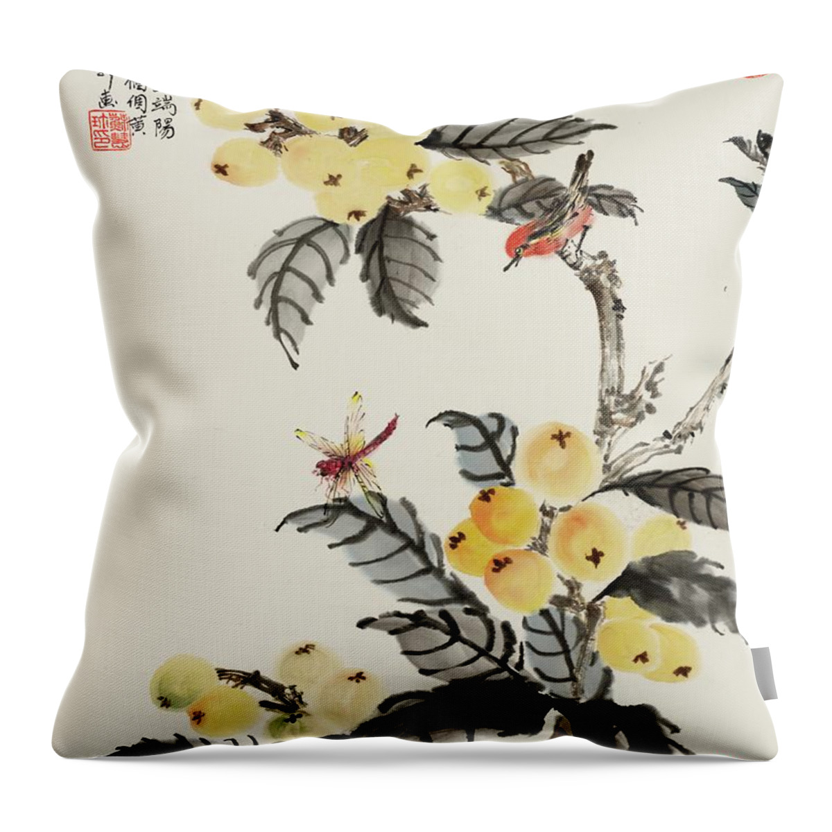 Chinese Watercolor Throw Pillow featuring the painting Bird and Dragonfly On the Loquat Tree by Jenny Sanders