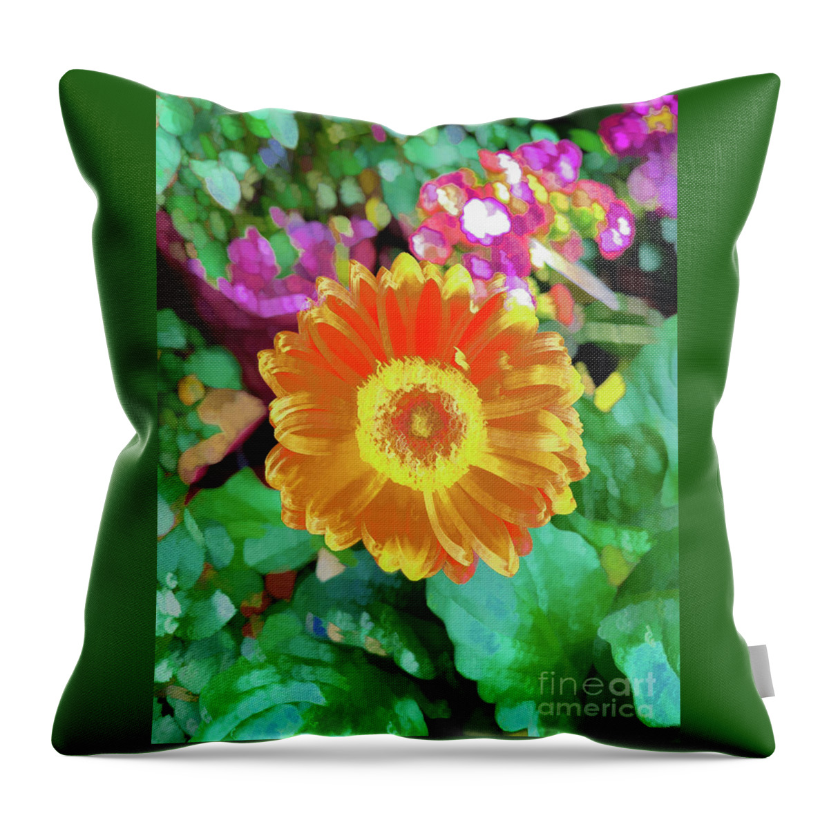 Abstract Throw Pillow featuring the photograph Yellow flower with green leaf abstract by Phillip Rubino