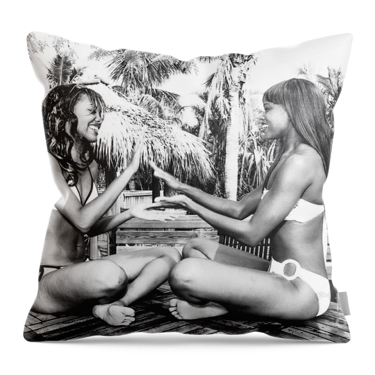 Two Girls Fun Fashion Photoraphy Art Throw Pillow featuring the photograph 0865 Lilisha Dominique Weekend Fun Cranes Delray Beach by Amyn Nasser
