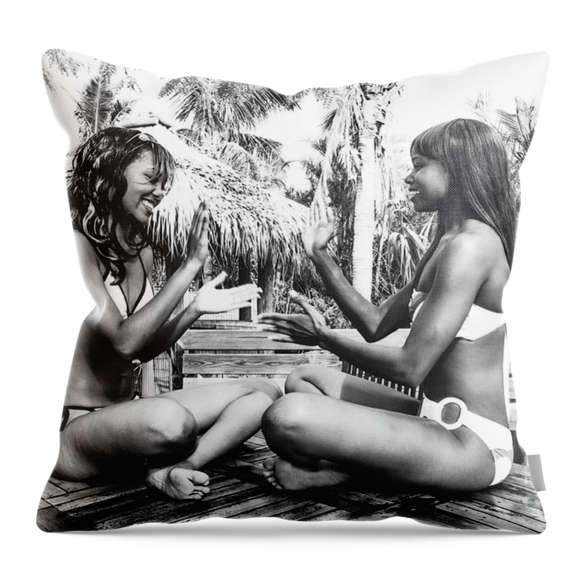 Two Girls Fun Fashion Photoraphy Art Throw Pillow featuring the photograph 0868 Lilisha Dominique Girl Fun Cranes Delray Beach by Amyn Nasser