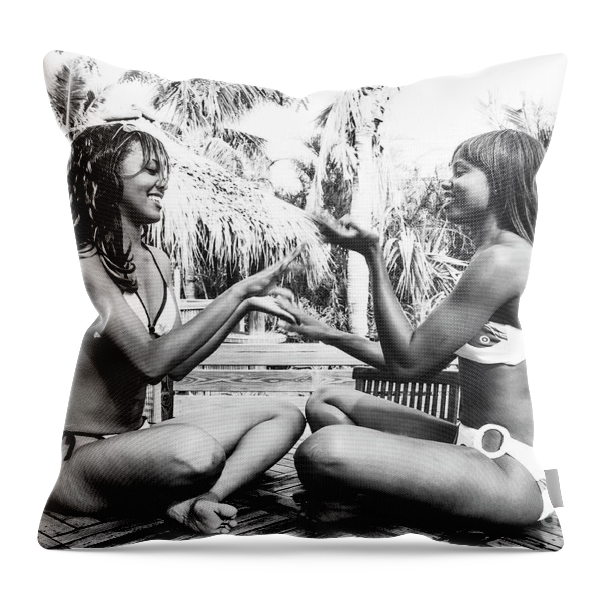 Two Girls Fun Fashion Photography Art Throw Pillow featuring the photograph 0883 Lilisha Dominique Girlfriends Cranes Beach House Delray by Amyn Nasser