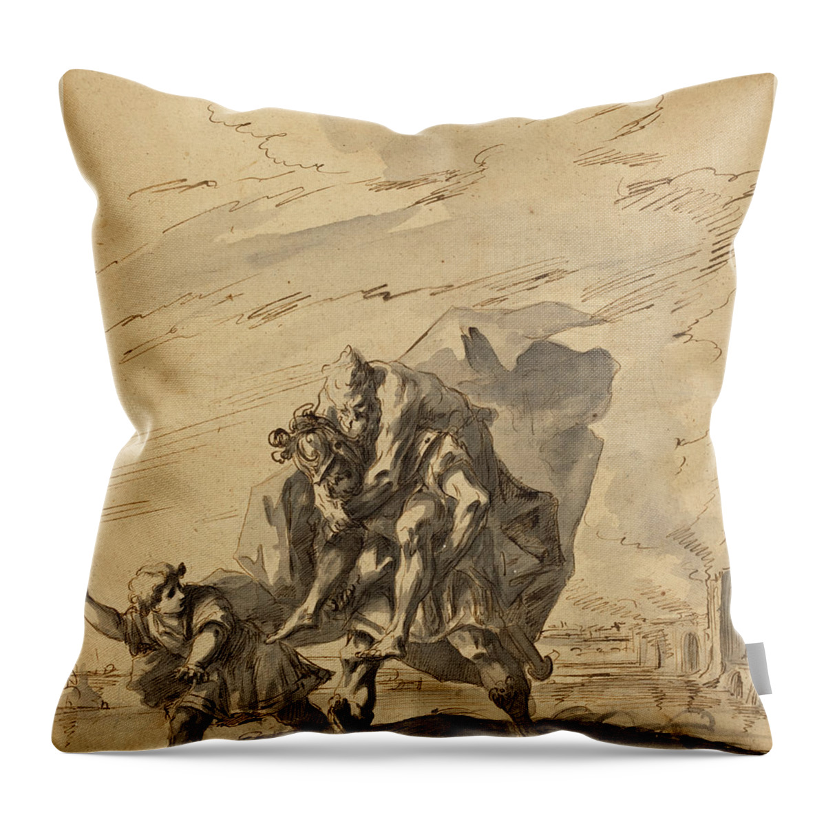 Gaspare Diziani Throw Pillow featuring the drawing Aeneas Carrying Anchises from Burning Troy by Gaspare Diziani