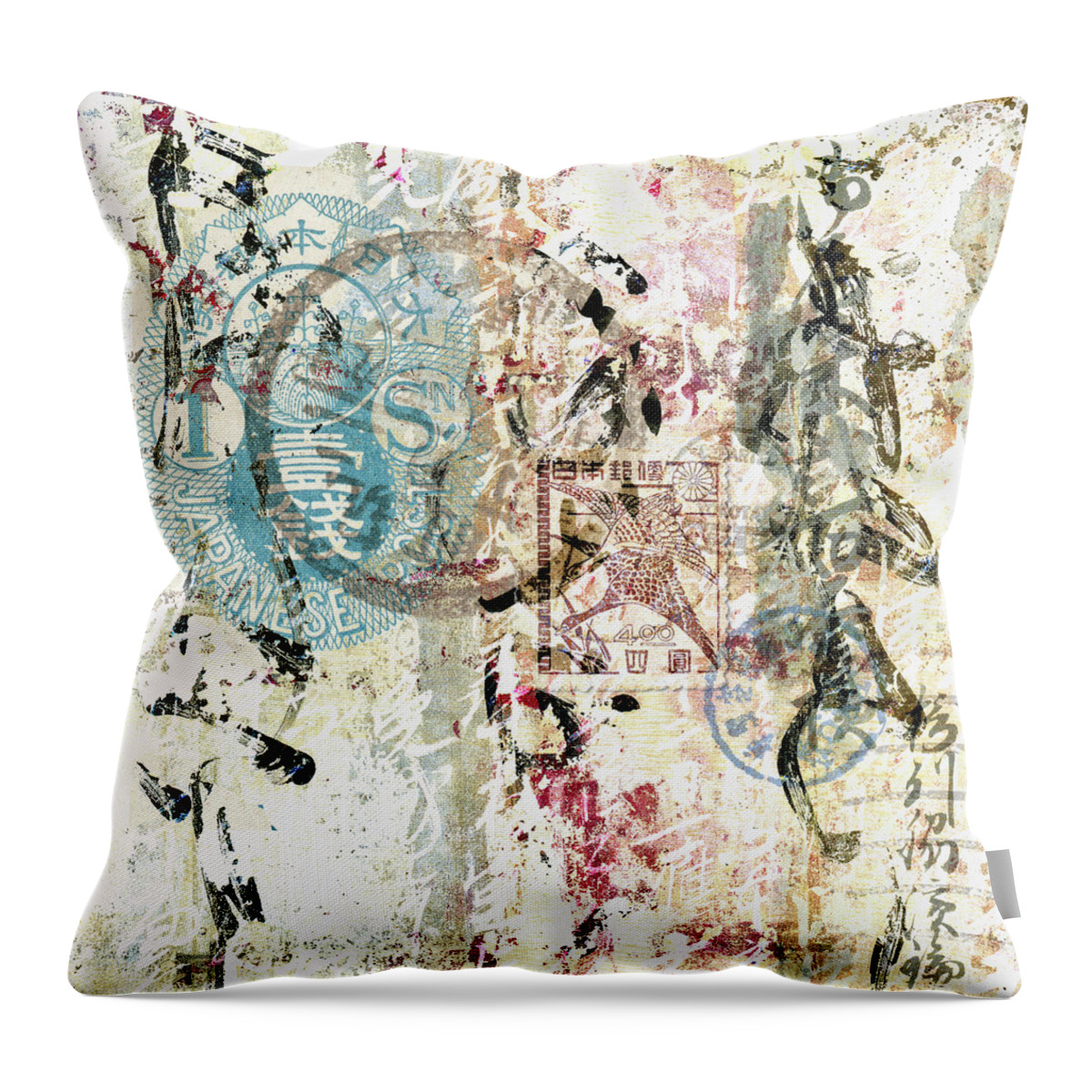 Carol Leigh Throw Pillow featuring the mixed media Antique Japanese Postcard 945 Square by Carol Leigh