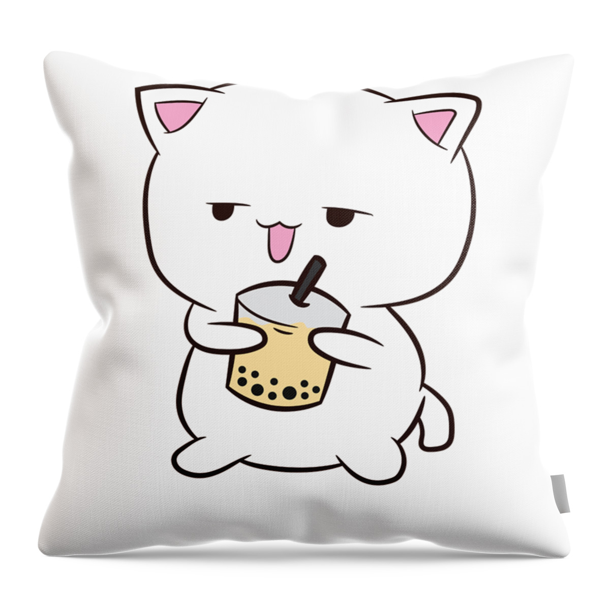 Multicolor Yellow Kawaii Bubble Tea Peach Cat Kawaii Peach Cat Drinking Bubble Tea Throw Pillow 16x16