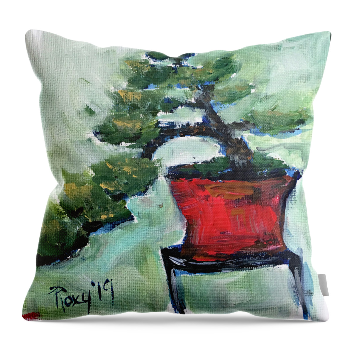 Bonsai Throw Pillow featuring the painting Bonsai in a Red Pot by Roxy Rich