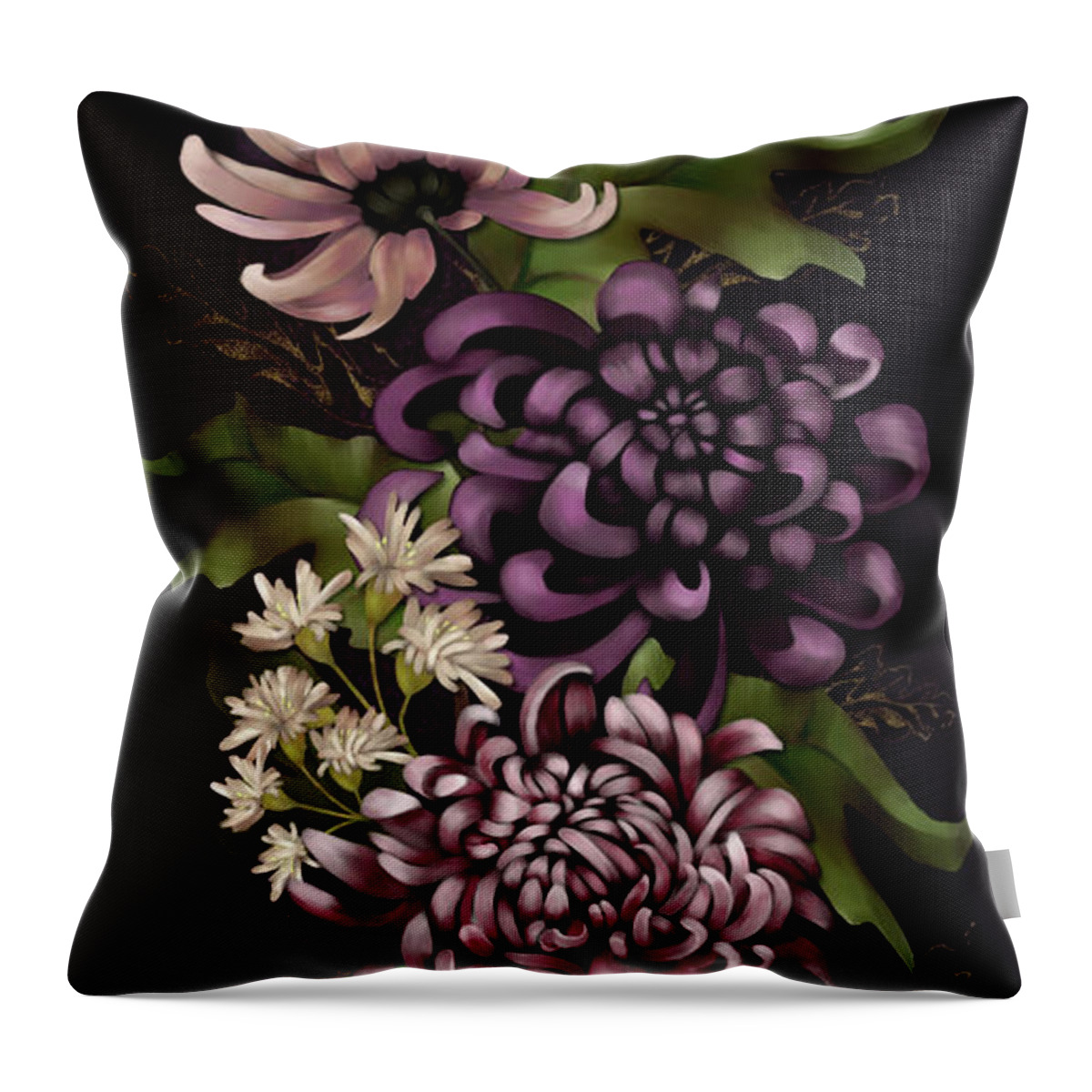 Chinoiserie Throw Pillow featuring the digital art Chrysanthemums and Butterfly Modern Chinoiserie dark purple by Sand And Chi