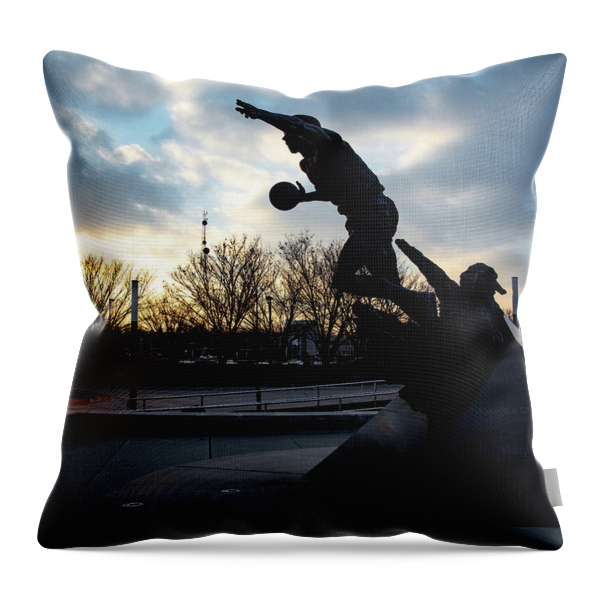 Msu Spartans Throw Pillow featuring the photograph Earvin Magic Johnson statue at sunset at Michigan State University by Eldon McGraw