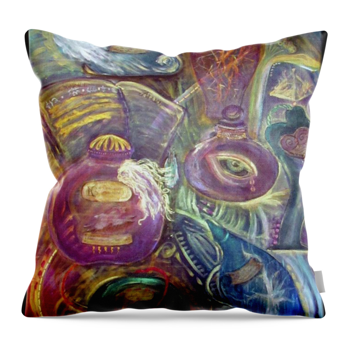 Apothecary Throw Pillow featuring the painting Esoterica's Apothecary by Feather Redfox