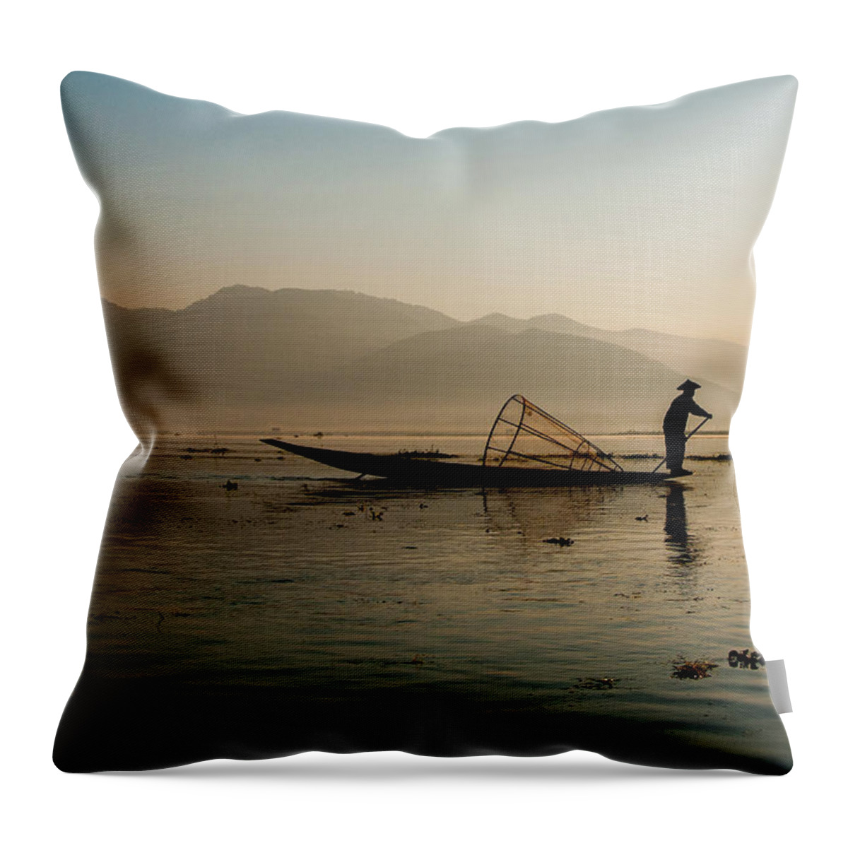 Fisherman Throw Pillow featuring the photograph Fisherman at Inle Lake by Arj Munoz