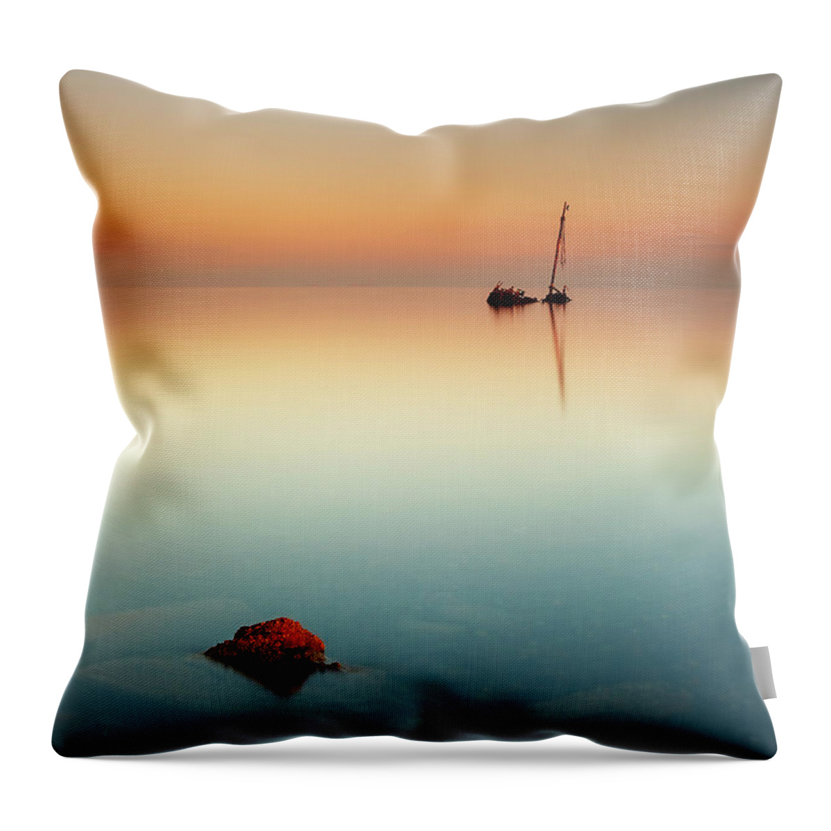 Shipwreck Throw Pillow featuring the photograph Flat calm shipwreck by Grant Glendinning