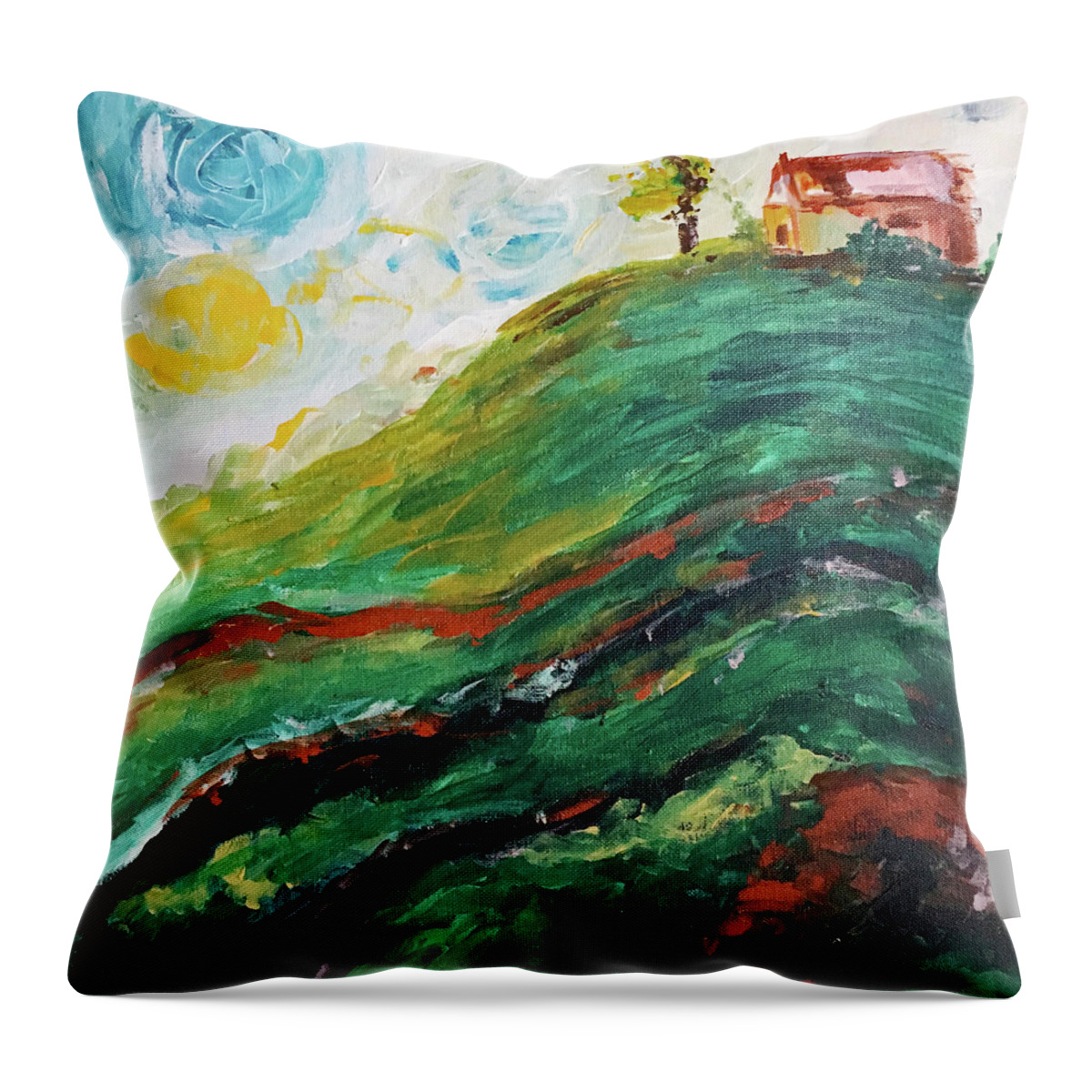 Landscape Throw Pillow featuring the painting House on a Hill by Roxy Rich