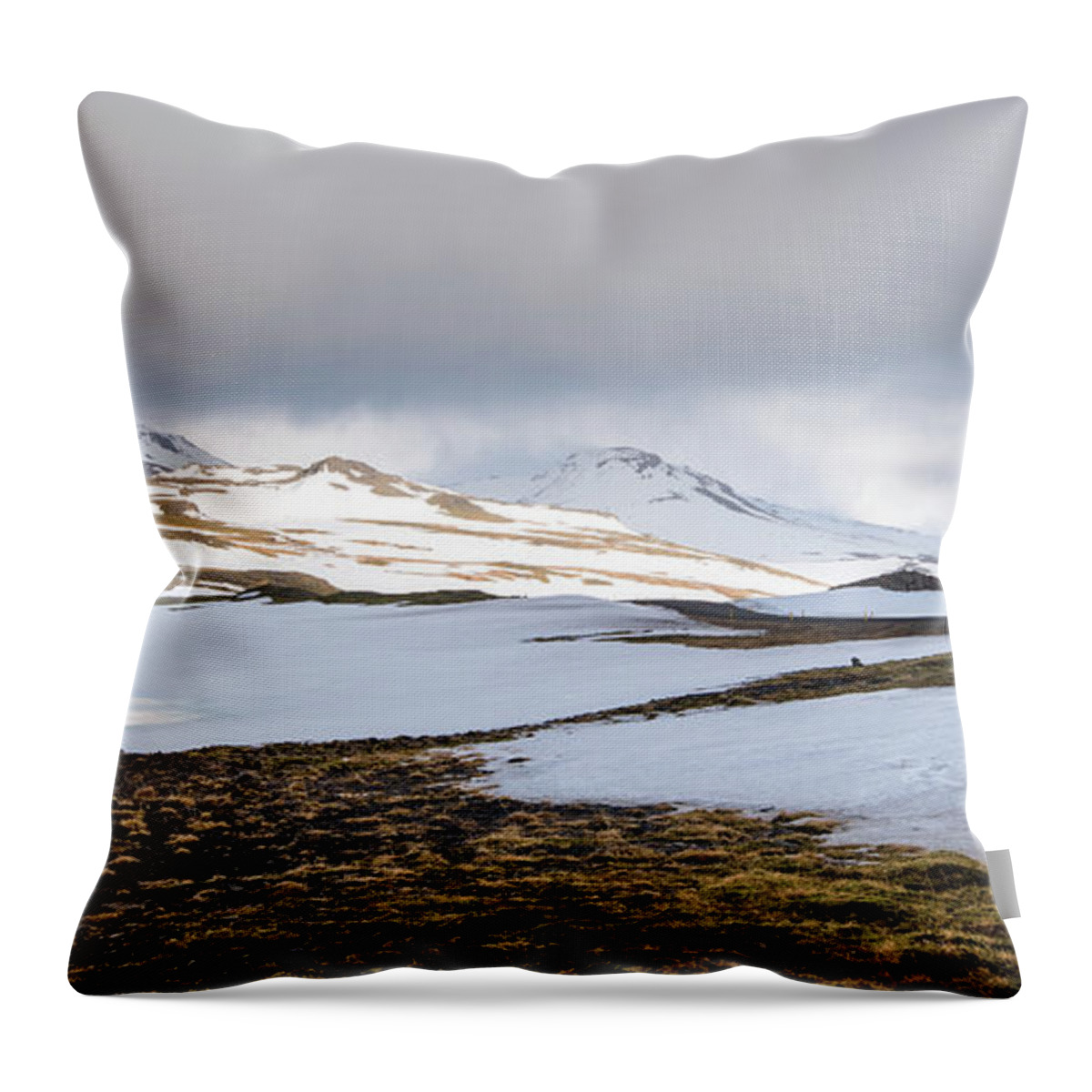 Iceland Throw Pillow featuring the photograph Icelandic landscape with mountains and meadow land covered in snow. Iceland by Michalakis Ppalis