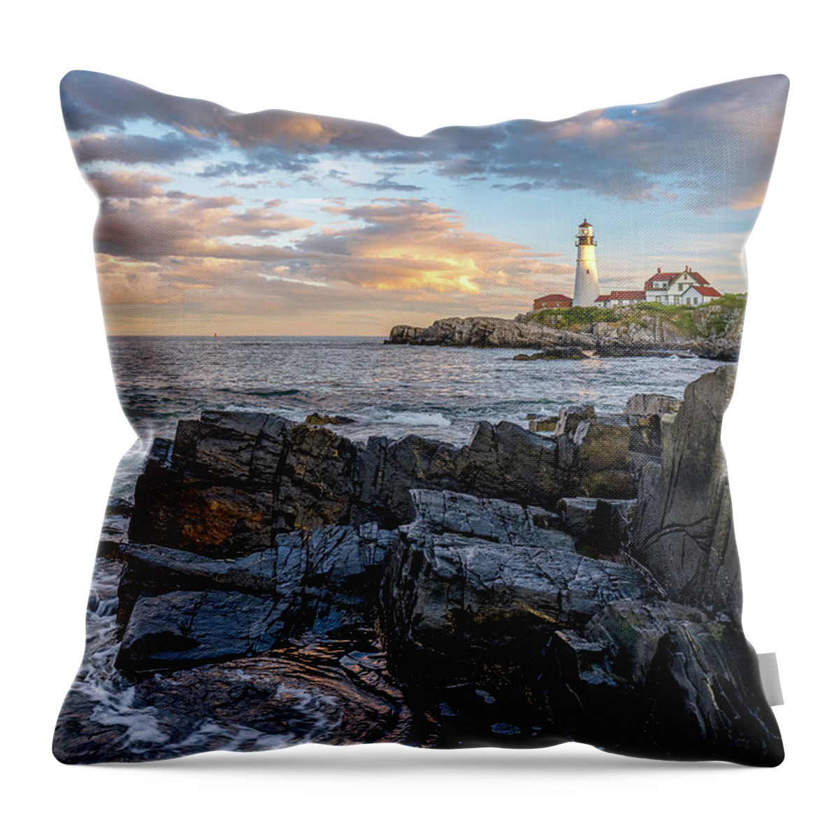 Barrier Throw Pillow featuring the photograph Last Light At Portland Head. by Jeff Sinon