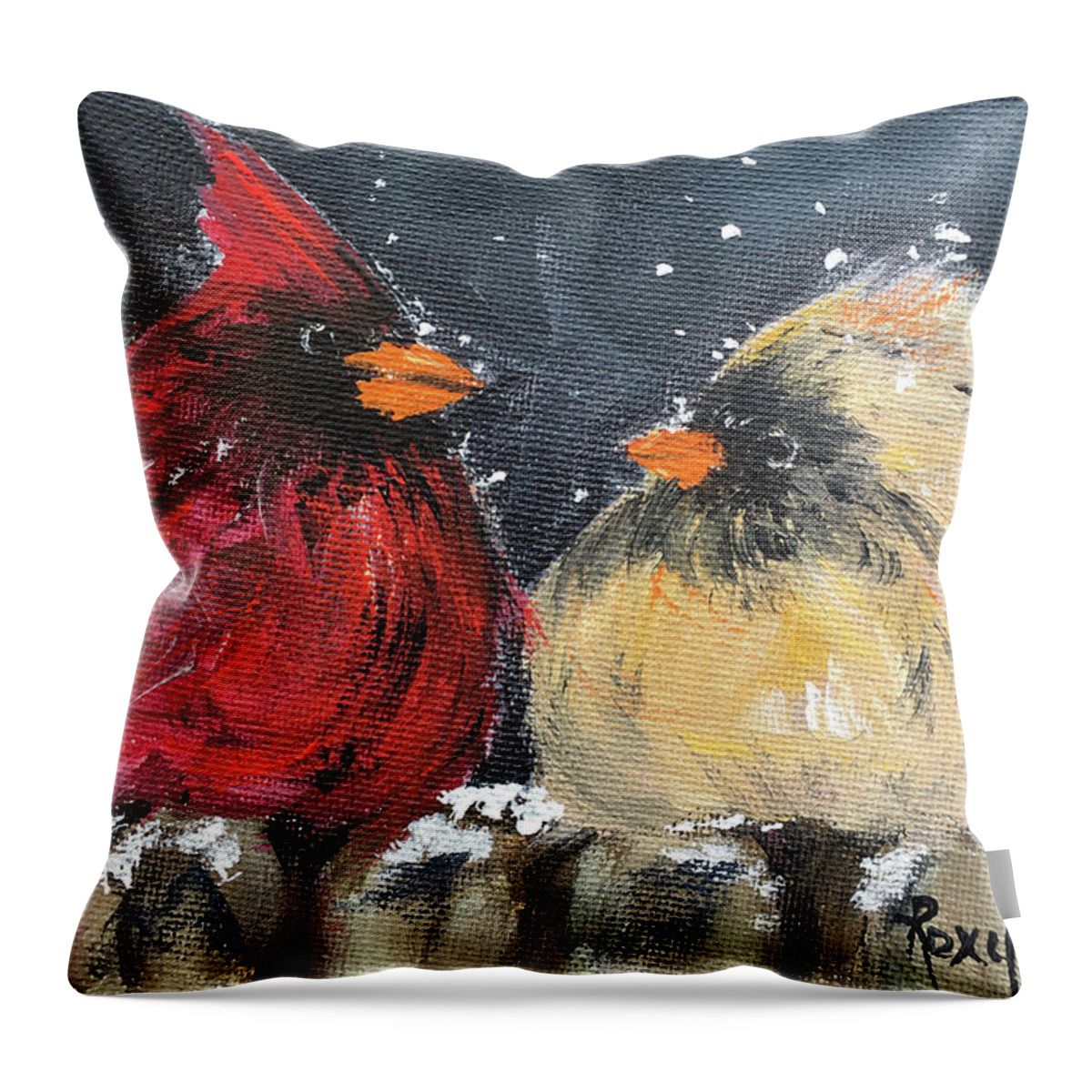 Cardinals Throw Pillow featuring the painting Love at First Flight by Roxy Rich