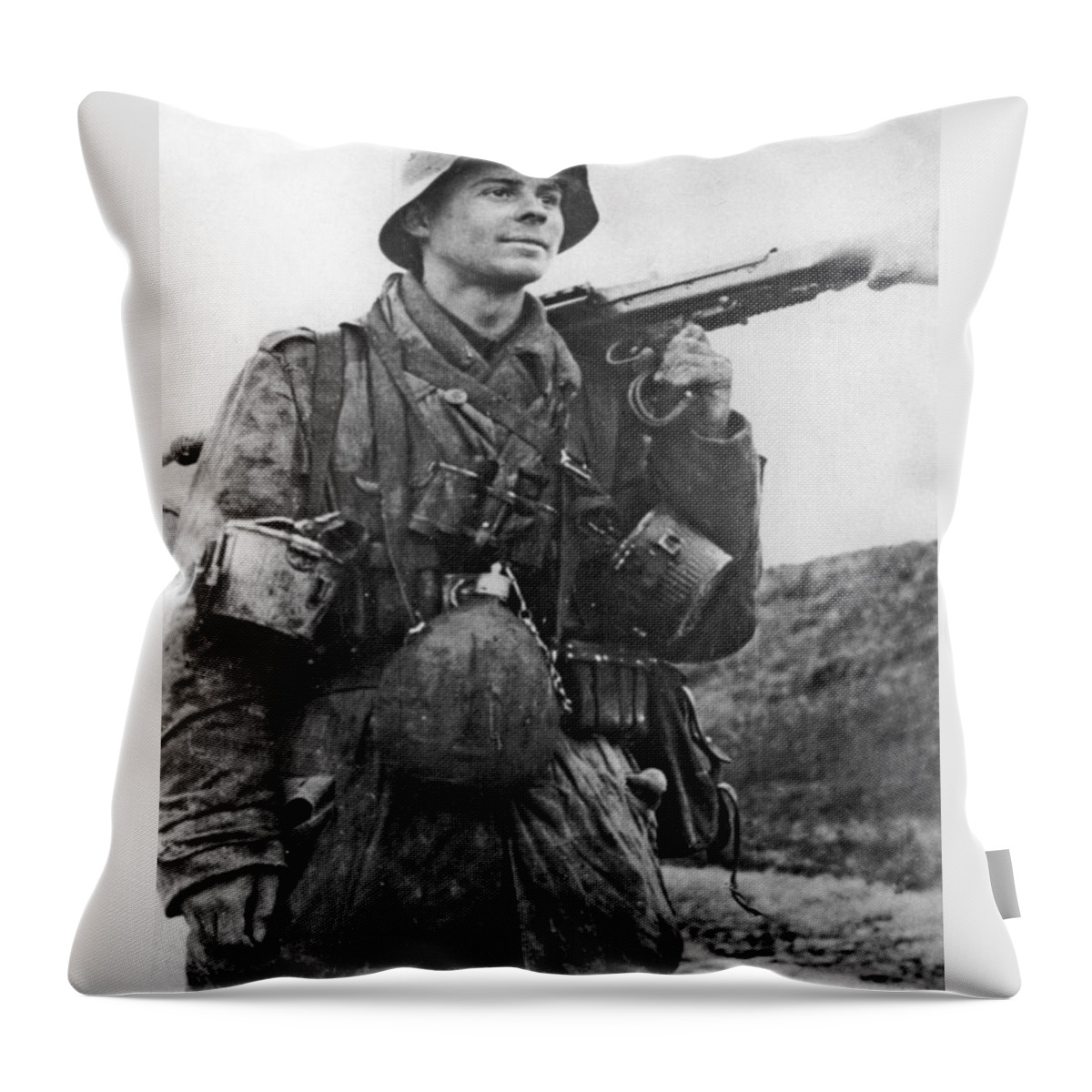 Mg 15 Machine Gunner In The Cockpit Of A Dornier Do 17 Bomber Throw Pillow featuring the painting MG 15 machine gunner in the cockpit of a Dornier Do 17 bomber by MotionAge Designs