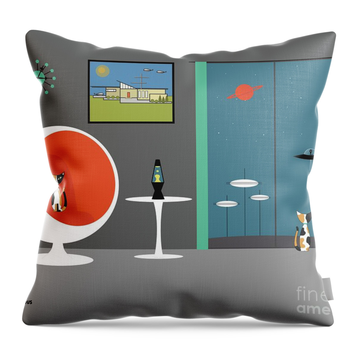 Mid Century Modern Throw Pillow featuring the digital art Mid Century Cat Spies Flying Saucer by Donna Mibus