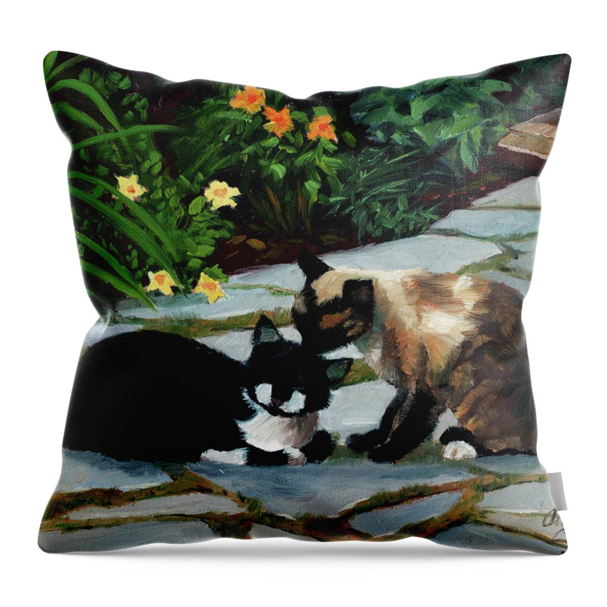Cats Throw Pillow featuring the painting Nikki and Oreo by Alice Leggett