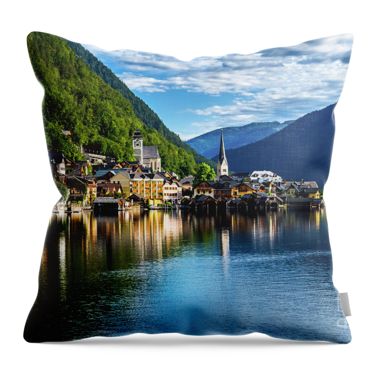 Austria Throw Pillow featuring the photograph Picturesque Lakeside Town Hallstatt At Lake Hallstaetter See In Austria by Andreas Berthold