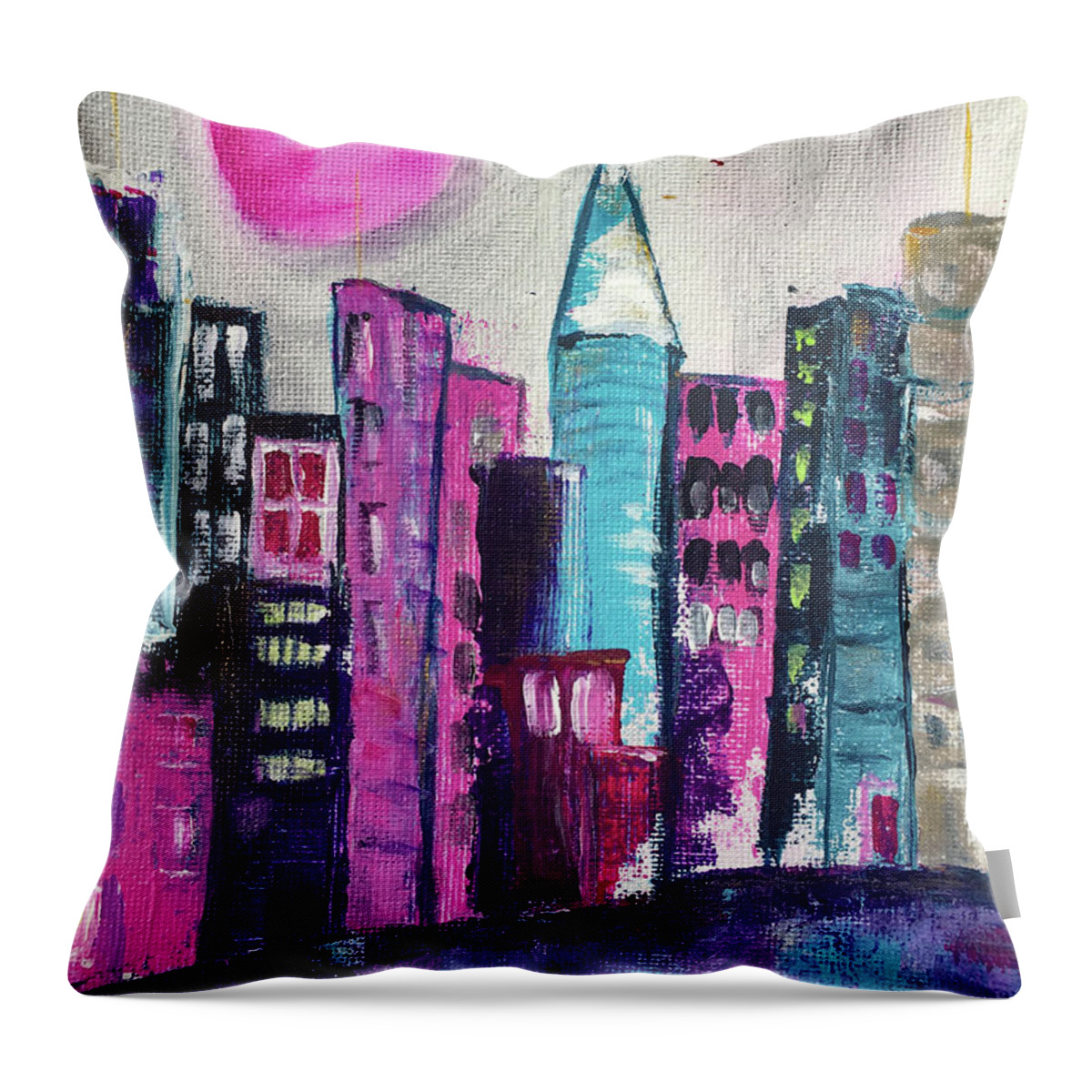City Throw Pillow featuring the painting Pink Moon City by Roxy Rich