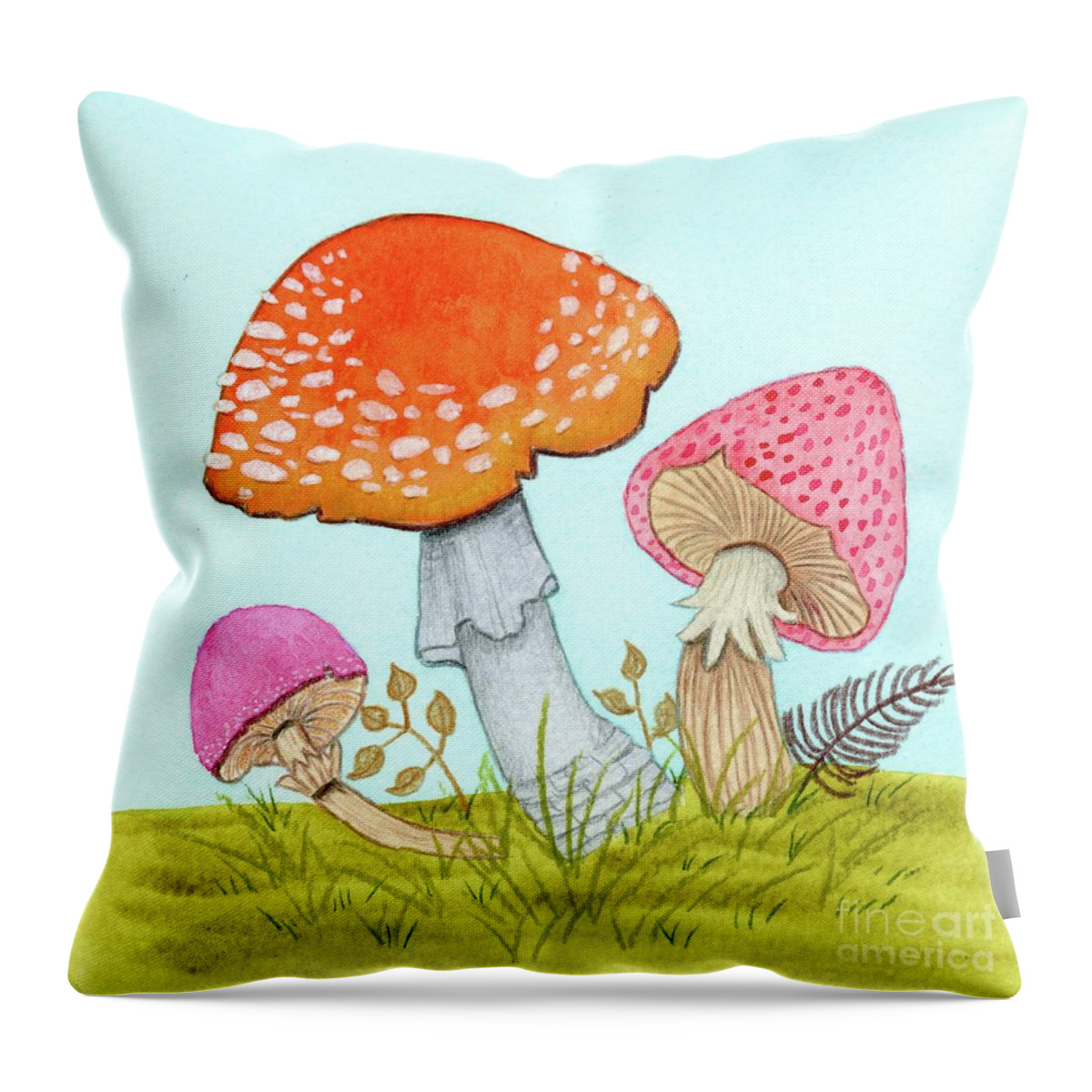 Retro Mushrooms Throw Pillow featuring the painting Retro Mushrooms 3 by Donna Mibus